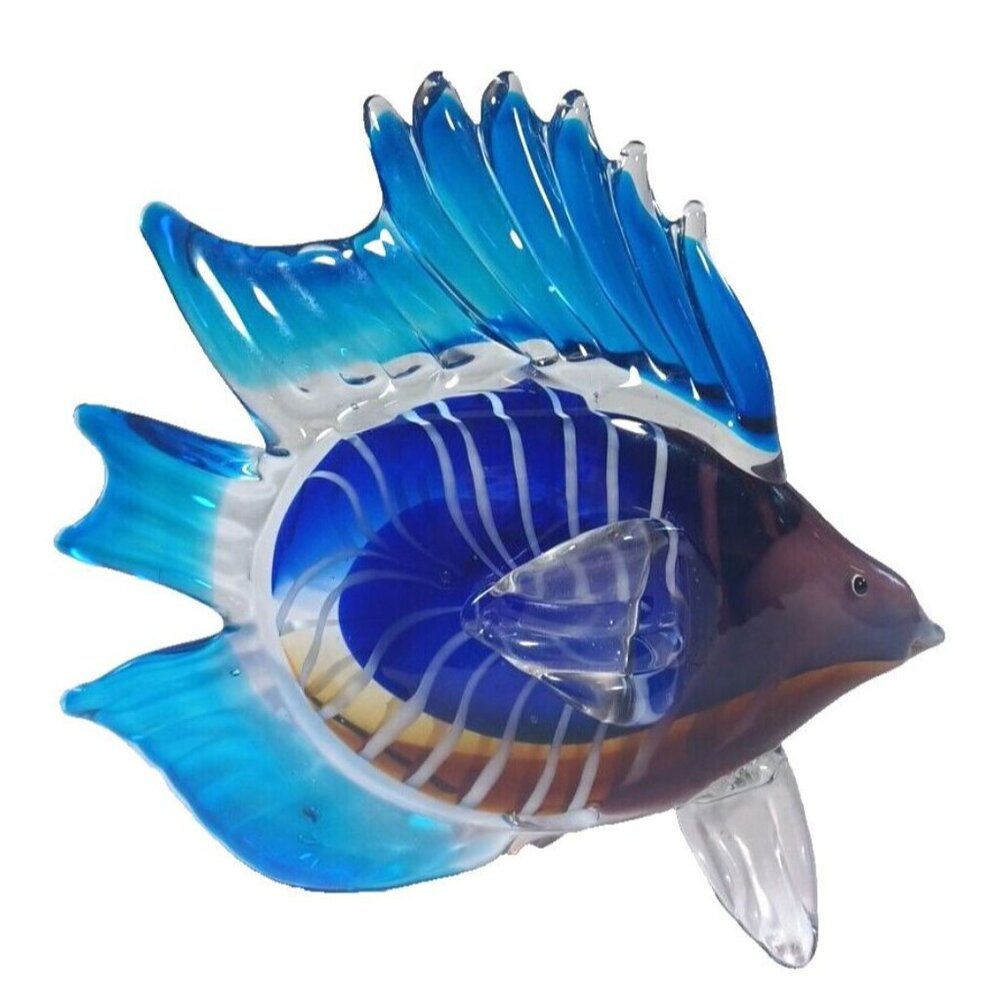 Large Rare Tetra Cobalt Turquoise Angel Fish Murano Sculpture 10" X 8.5 Vintage - Picture 10 of 14